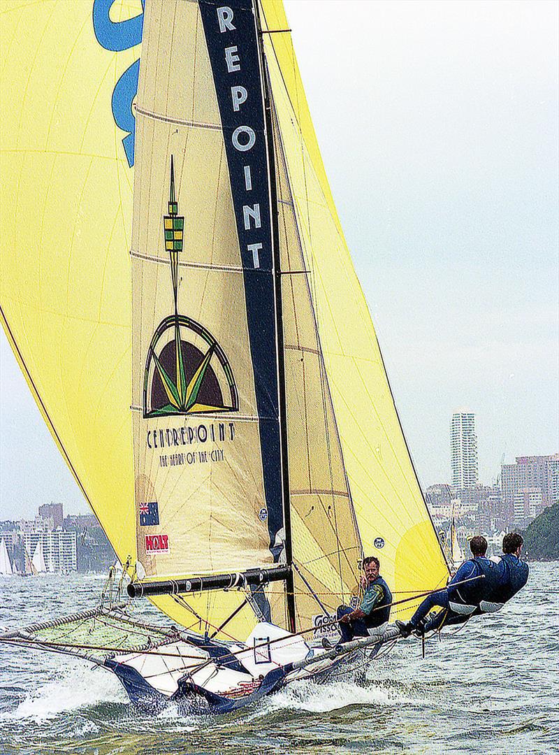 Woody looks back at the opposition on the way to victory at the 2000 Giltinan Championship photo copyright Bob Ross taken at Australian 18 Footers League and featuring the 18ft Skiff class