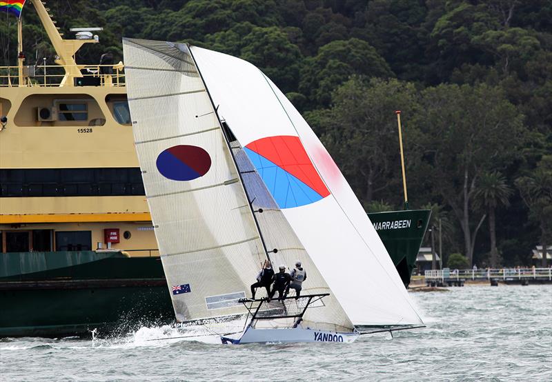 Outrunning a Sydney Harbour Ferry at the 2021 Giltinan Championship photo copyright Frank Quealey taken at Australian 18 Footers League and featuring the 18ft Skiff class