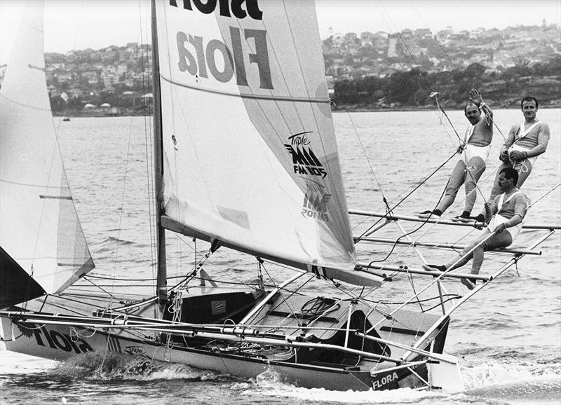 John with Jay Harrison and Grant Pollitt in Flora-MMM in 1985 photo copyright Archive taken at Australian 18 Footers League and featuring the 18ft Skiff class