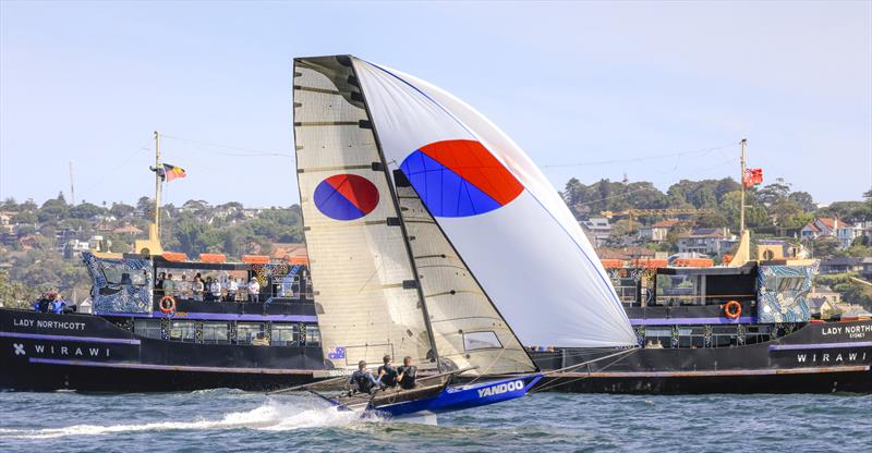 Close up look for patrons on the League's spectator ferry - 18ft Skiff Club Championship Race 1 and SIXT Spring Championship Race 2 photo copyright SailMedia taken at Australian 18 Footers League and featuring the 18ft Skiff class