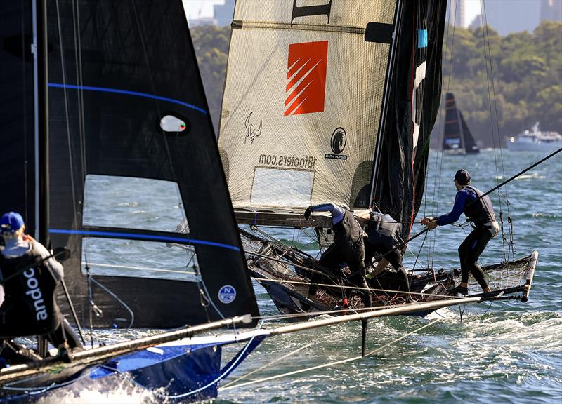 Lazarus just ahead of defending champion Andoo at the 2024 Giltinan Championship photo copyright SailMedia taken at Australian 18 Footers League and featuring the 18ft Skiff class