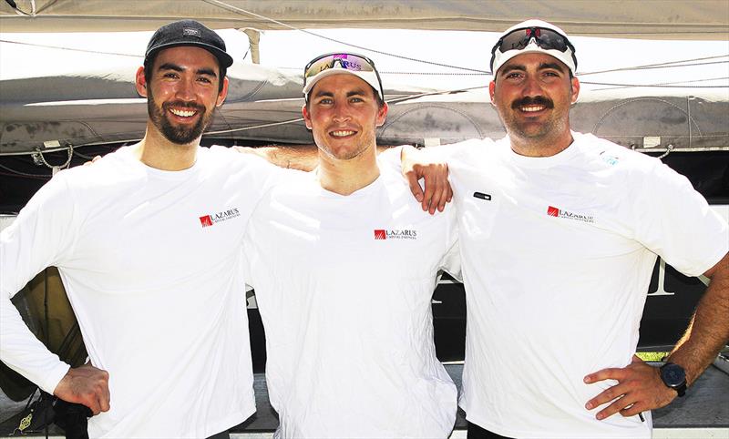 Lazarus team, from left Tim Westwood, Tom Cunich, Marc Chapon photo copyright Frank Quealey taken at Australian 18 Footers League and featuring the 18ft Skiff class