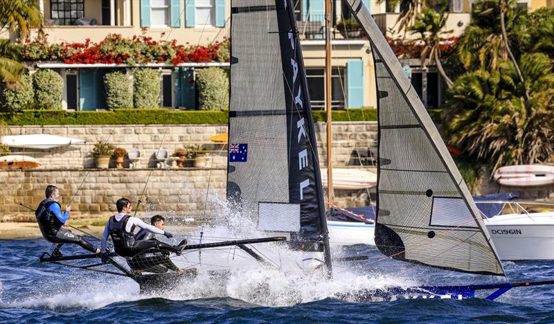Fisher and Paykel heads to the finish line off Double Bay in Race 2 photo copyright SailMedia taken at Australian 18 Footers League and featuring the 18ft Skiff class