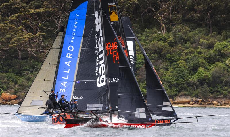 Smeg leads a tightly bunched group at the weather mark in Race 3 photo copyright SailMedia taken at Australian 18 Footers League and featuring the 18ft Skiff class