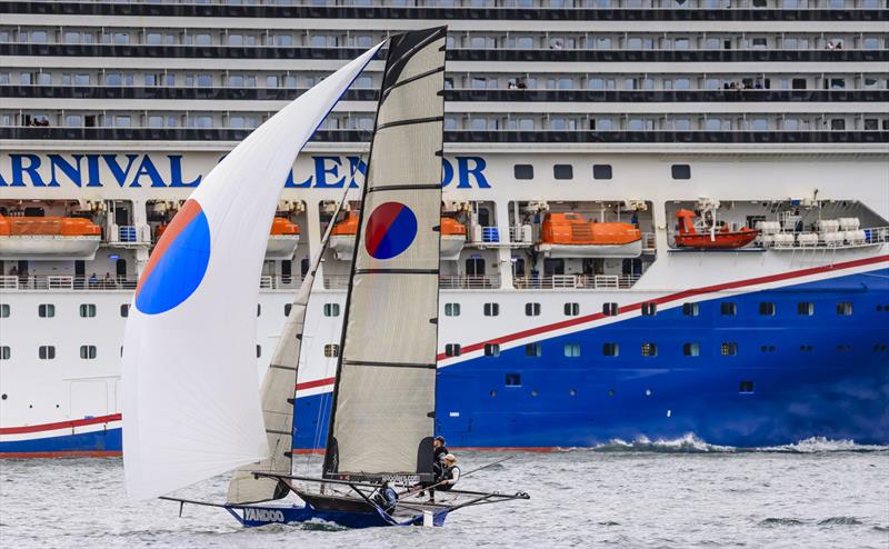 Yandoo heads for home as the cruise ship heads to sea - 18ft Skiff Club Championship Race 2 and SIXT Spring Championship Race 4 - photo © SailMedia