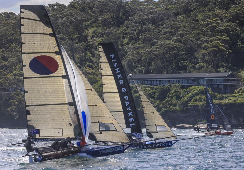 Three leaders about to set spinnakers on the first run- 2025 SIXT Spring Championship photo copyright SailMedia taken at Australian 18 Footers League and featuring the 18ft Skiff class