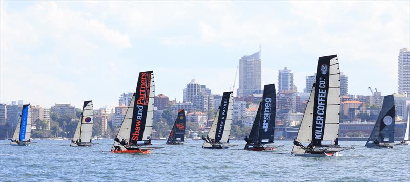 18ft Skiff NSW Championship Day 1 - Sotheby's Bllard Property leads the fleet across the harbour in Race 2 - photo © SailMedia