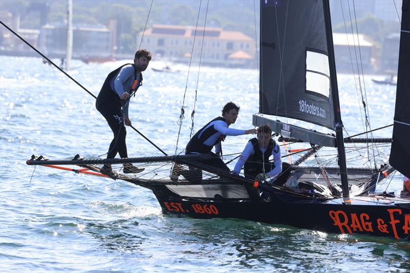 18ft Skiff NSW Championship Day 1 - Seve Jarvin watches on as Max Nearn and Ryan Ewings prepare to round the weather mark - photo © SailMedia