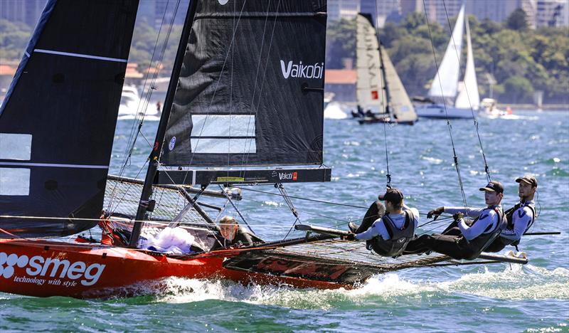 2025 Queen of the Waves, Casey Sexty looks straight ahead on Smeg photo copyright SailMedia taken at Australian 18 Footers League and featuring the 18ft Skiff class