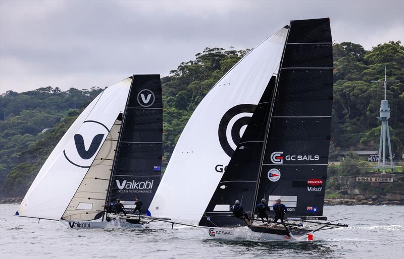 JJ Giltinan 18ft Skiff World Championship 2026 Invitation Race - Vaikobi and Brisbane's GC Sails battle for fifth place photo copyright SailMedia taken at Australian 18 Footers League and featuring the 18ft Skiff class