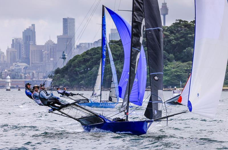 JJ Giltinan 18ft Skiff World Championship 2026 Invitation Race - The USA team on the spinnaker run to Chowder Bay - photo © SailMedia