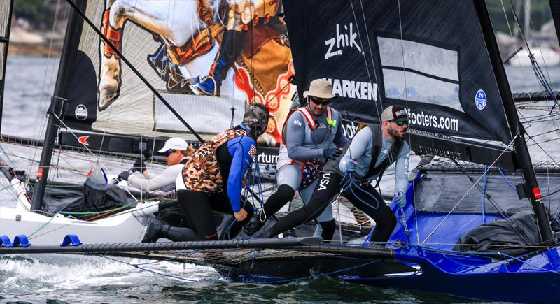 JJ Giltinan 18ft Skiff World Championship 2026 Race 1 - Andoo-USA just ahead of Germany's Black Knight photo copyright SailMedia taken at Australian 18 Footers League and featuring the 18ft Skiff class