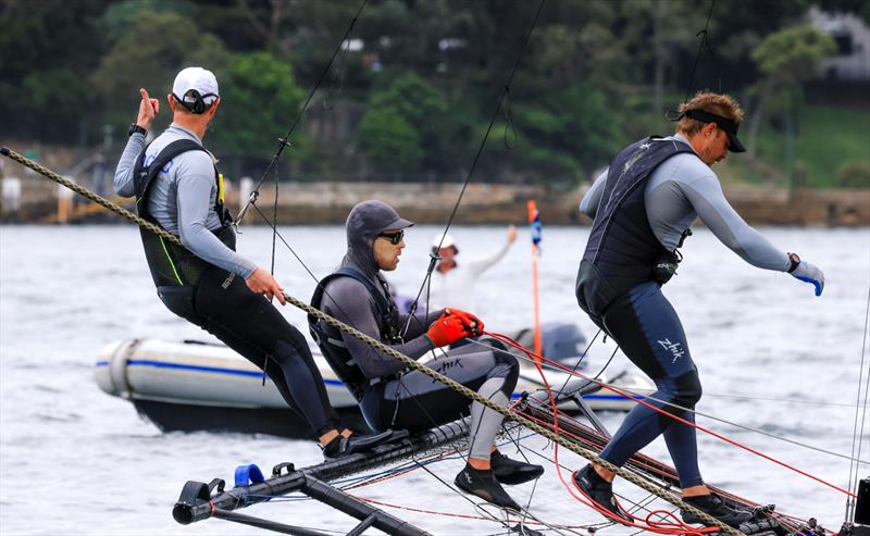 JJ Giltinan 18ft Skiff World Championship 2026 Race 1 - John Winning Jr acknowledges the victory on Yandoo photo copyright SailMedia taken at Australian 18 Footers League and featuring the 18ft Skiff class