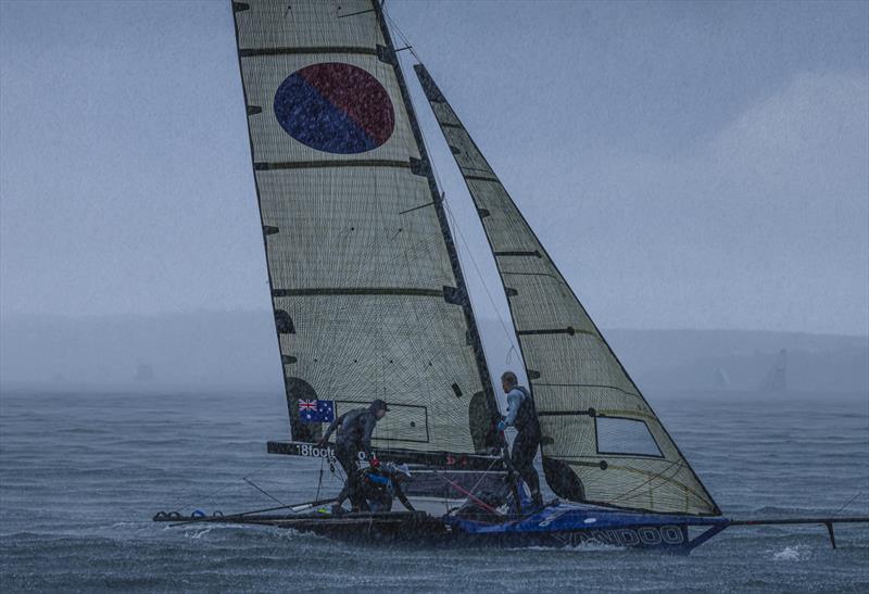 JJ Giltinan 18ft Skiff World Championship 2026 Race 2 - Yandoo looking for wind to cross the finish line - photo © SailMedia