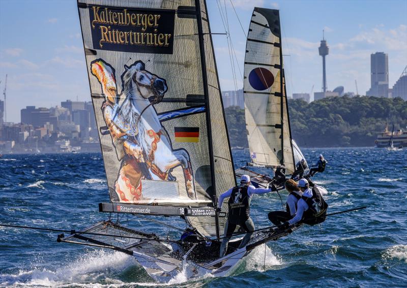 JJ Giltinan 18ft Skiff World Championship 2026 Race 4 & 5 - Black Knight chases Yandoo down the spinnaker run - photo © SailMedia