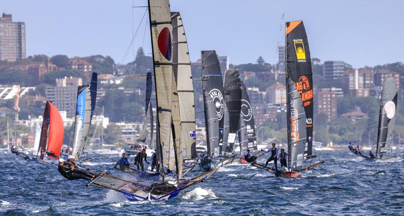 JJ Giltinan 18ft Skiff World Championship 2026 Race 6 & 7 - Yandoo goes to windward as the group approach - photo © SailMedia