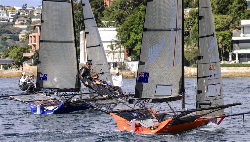 JJ Giltinan 18ft Skiff World Championship 2026 Race 8 - Yandoo and Shaw and Partners NZ head upwind photo copyright SailMedia taken at Australian 18 Footers League and featuring the 18ft Skiff class