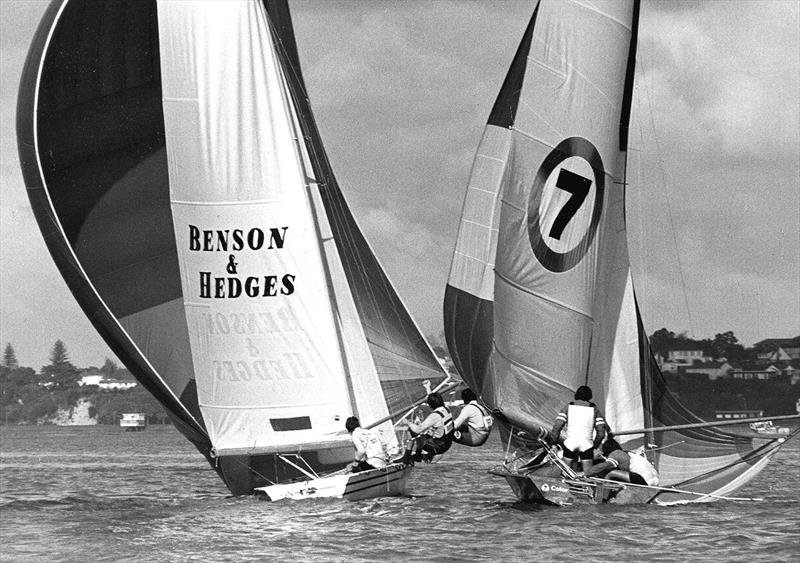 Benson and Hedges (foam) and Color 7 (timber) at the 1977 worlds in Auckland photo copyright Archive taken at  and featuring the 18ft Skiff class