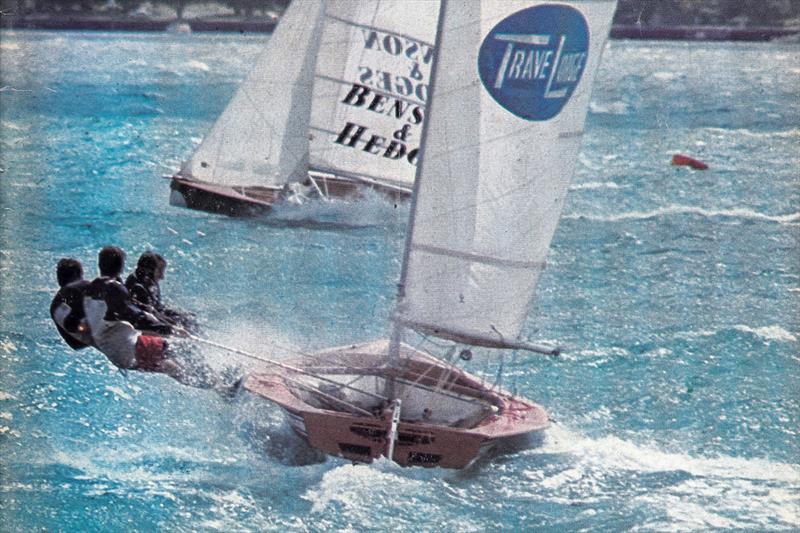 Benson and Hedges crosses Travelodge at the 1974 18ft Skiff worlds in Auckland.. photo copyright Jenny Farrell taken at Auckland Sailing Club and featuring the 18ft Skiff class
