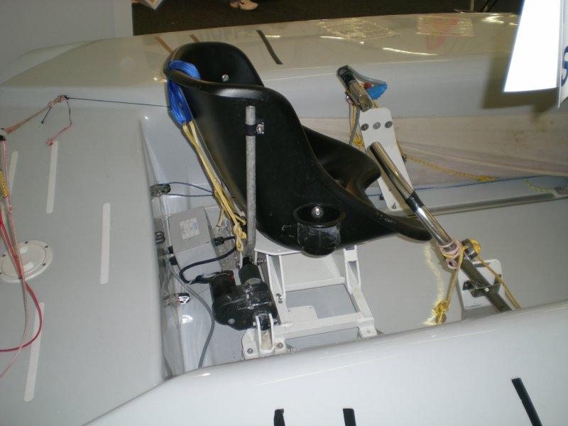 This helm's seat on a SKUD 18 as a motorised tilting machanism to compensate for the boat heeling - photo © Magnus Smith / www.yachtsandyachting.com