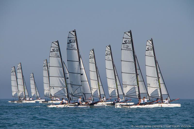 SL16 fleet during the 2014 ISAF Youth Worlds in Tavira photo copyright ISAF taken at Tavira Sailing and featuring the SL16 class