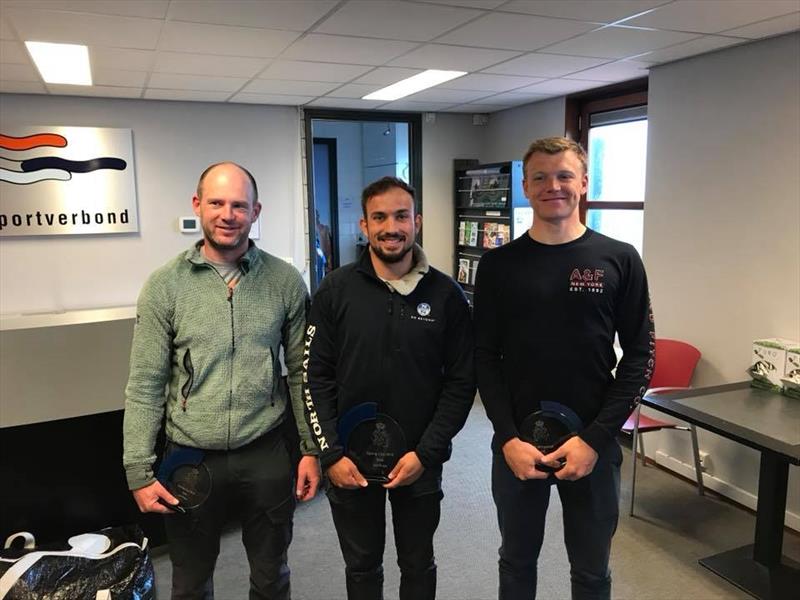 (l-r) Andy Davis (3rd), Lawrence Creaser (1st), Pete Mitchell (2nd) in the Solo Spring Cup at Medemblik photo copyright Eddy Boon, Robert Wit & Doug Latta taken at Royal Yacht Club Hollandia and featuring the Solo class