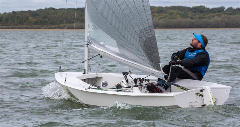 Tom Gillard hiking like a Ninja during the Harken Solo Inland Championship at Grafham Water photo copyright Ross Underwood taken at Grafham Water Sailing Club and featuring the Solo class