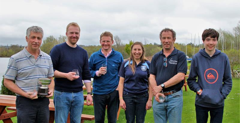 Solo open meeting at Maidenhead (from left to right): Fraser Hayden (1st); Stas Lawicki (1st – Silver Fleet); Tim Lewis (3rd); Joanne Barnes (Ladies); Godfrey Clark (2nd); Tom Knight (Junior) photo copyright Jennifer Heward-Craig taken at Maidenhead Sailing Club and featuring the Solo class