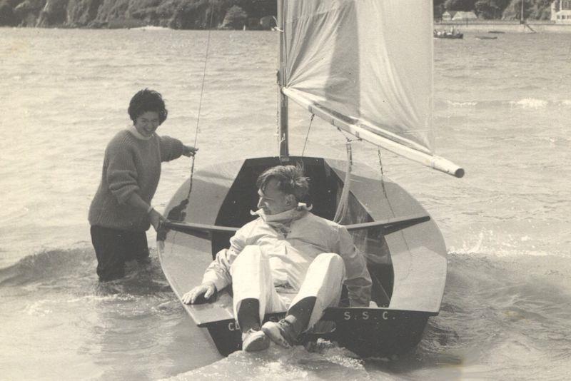 Alec Stone showing how to get afloat for a race at Salcombe yet starting with dry feet - photo © Jessica Barker, Stone Family Archive