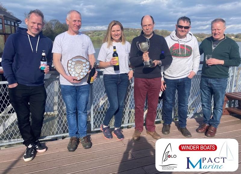 Solo Northern Area Event at Burwain Prize Winners (l-r) S Denison 4th, I Armstrong 2nd, J Davenport 1st Lady, A Carter 1st, D Winder 3rd, S Graham 5th and 1st Wooden Boat photo copyright Tracy Graham taken at Burwain Sailing Club and featuring the Solo class