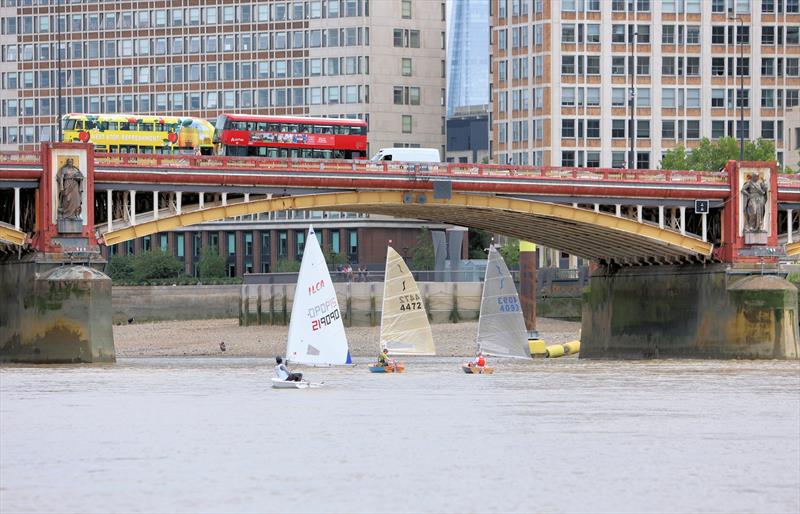 Tideway Dinghy Derby - ILCA 6 219090, Solo 4472 and 4093 approach Vauxhall Bridge photo copyright Mark Jardine taken at Ranelagh Sailing Club and featuring the Solo class
