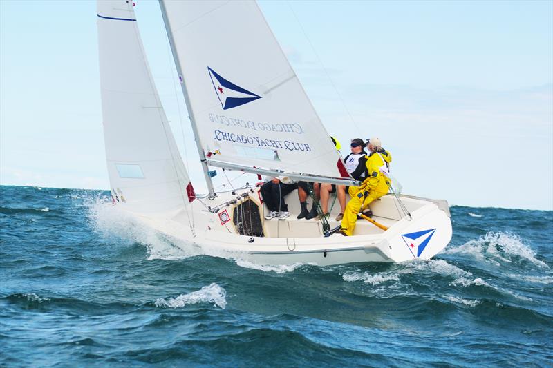 Karen Kinsey trims main blindfolded for David Brown (CAN) on day 2 of the Blind Sailing World Championship  photo copyright Chris Albanis taken at Chicago Yacht Club and featuring the Sonar class