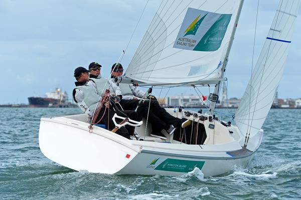 Colin Harrison, Jonathan Harris & Russell Boaden on day 4 of ISAF Sailing World Cup Melbourne photo copyright Sport the library / Jeff Crow taken at Royal Melbourne Yacht Squadron and featuring the Sonar class