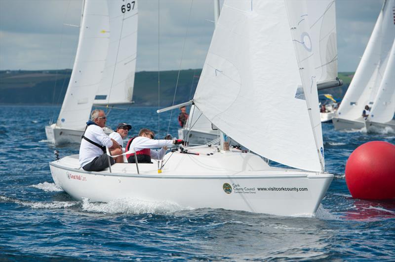 New Zealand's David Barnes, Rick Dodson & Andrew May rounding the wing mark during race 1 on day 2 of the Cork County Council IFDS Worlds 2013 photo copyright Robert Bateman taken at Kinsale Yacht Club and featuring the Sonar class