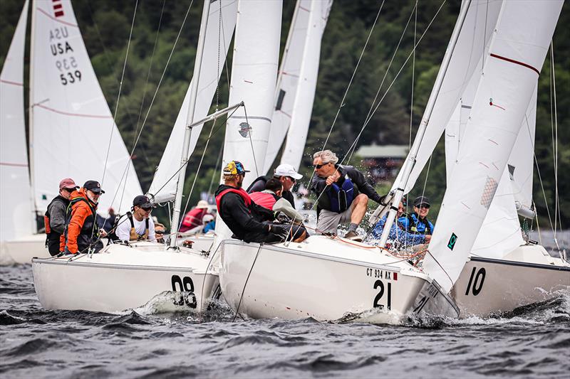 2022 Sonar World Championship - Nefarious (bow# 21) heading windward on a port tack photo copyright John Quackenboss taken at Lake Sunapee Yacht Club and featuring the Sonar class