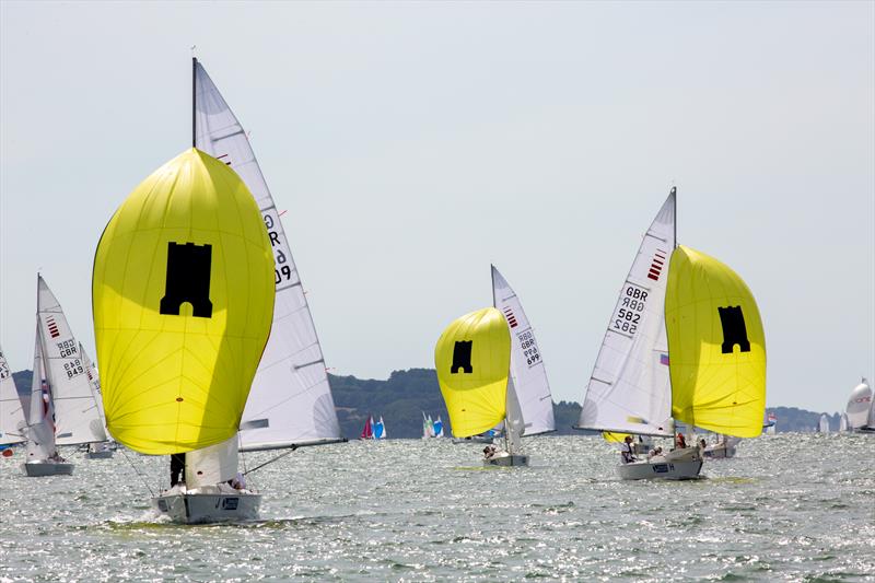 Sonar fleet on Day 1 at North Sails Cowes Week photo copyright Martin Augustus / www.sailingimages.co.uk taken at Cowes Combined Clubs and featuring the Sonar class