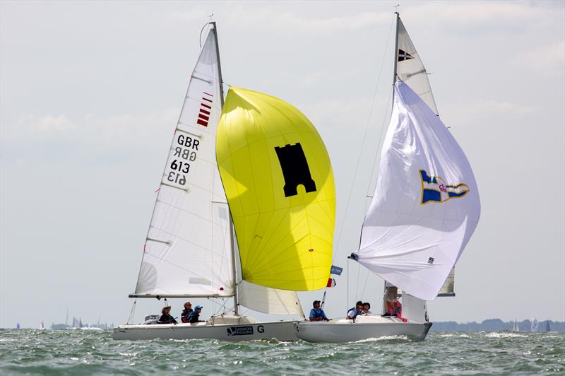 Sonar fleet on Day 1 at North Sails Cowes Week photo copyright Martin Augustus / www.sailingimages.co.uk taken at Cowes Combined Clubs and featuring the Sonar class