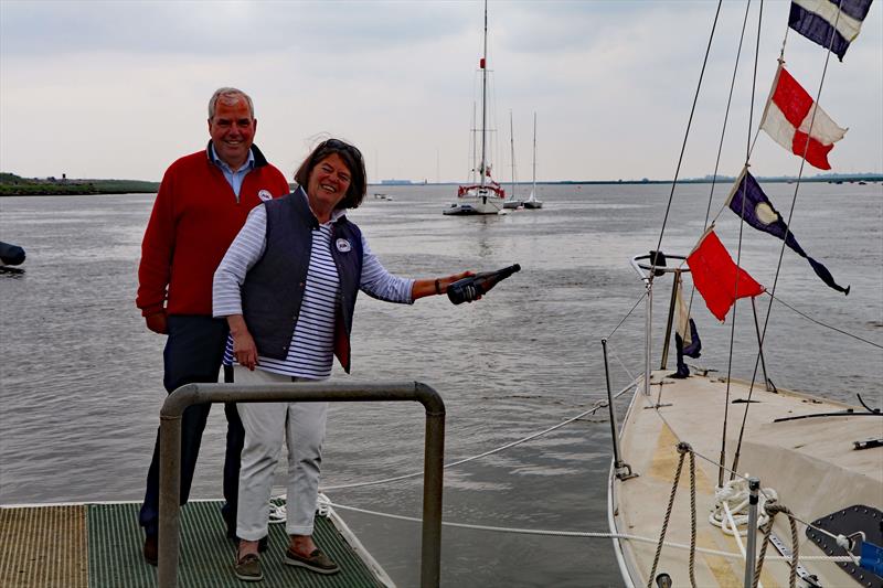 Patrick Hill, Commodore of AYC, with Reet Gilday launch 'Zero Proof' at Aldeburgh photo copyright Fleur Hayles taken at Aldeburgh Yacht Club and featuring the Sonata class