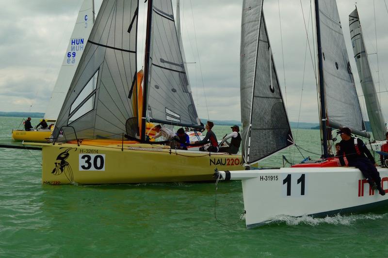 Close action at the first top mark on day 4 of the ORC Sportboat European Championship photo copyright Connie Christy taken at Balatonfüredi Yacht Club and featuring the Sportsboats class