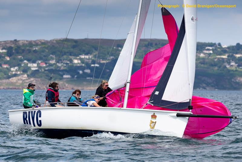 Sabrina Mahoney's crew haul in the spinnaker on the opening day of 500  boat Volvo Dun Laoghaire Regatta photo copyright David Branigan / www.oceansport.ie taken at Royal Irish Yacht Club and featuring the Sportsboats class