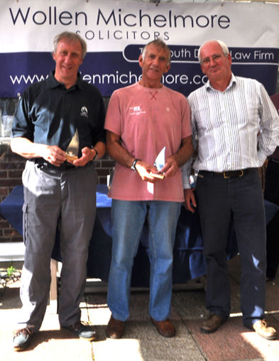 Geoffrey Bennett of Bronze Sponsor Wollen Michelmore Solicitors presenting prizes to Championship winners Alan Johnson and David Garlick, 'Cariad Bach' at the ICAP Squib Nationals prizegiving reception photo copyright Kevin Wright taken at Royal Dart Yacht Club and featuring the Squib class