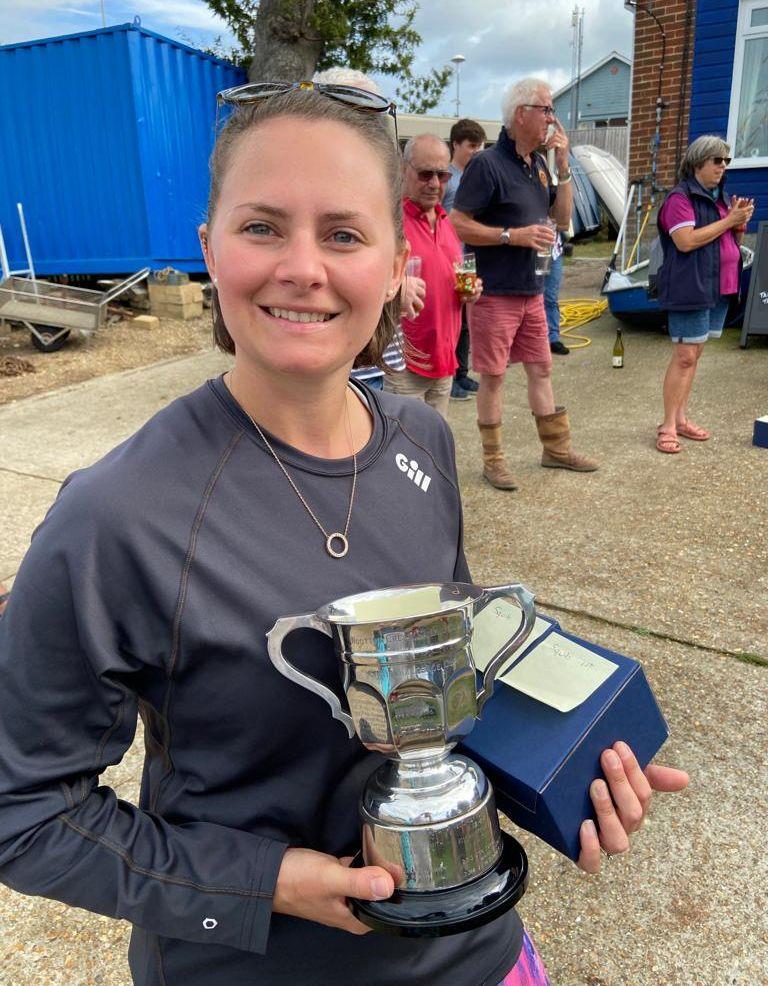 Hattie Henderson with the Squib class trophy at the Merry Down Regatta photo copyright Henderson family taken at Royal Victoria Yacht Club, England and featuring the Squib class