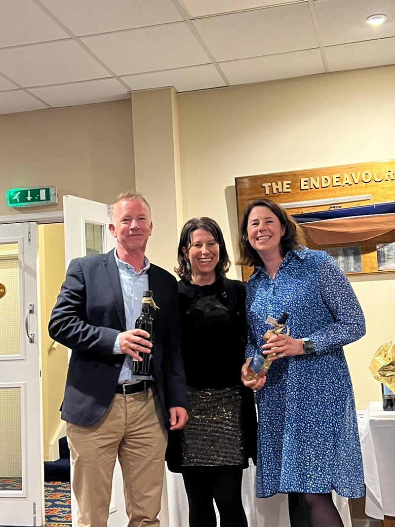 Squib Gold Cup 2022 runners-up Micky Wright and Alex Porteous presented by Kirsty Wastnage (center) photo copyright Edward Aspinal taken at Royal Corinthian Yacht Club and featuring the Squib class