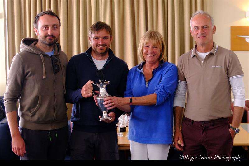 Jono Brown and Chris Agar, with Jenny Harris (Oliver Lee's daughter) and Class Captain Daniel Wastnage during the Squib East Coast Championship 2022 photo copyright Roger Mant Photography taken at Royal Corinthian Yacht Club, Burnham and featuring the Squib class