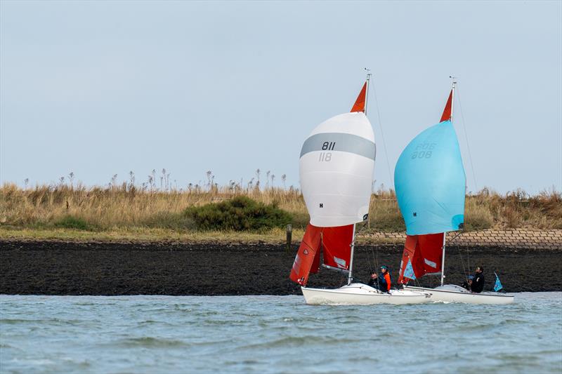 Close battle between Ray Apthorp and Ian Simons on Nemesis 806 and Micky Wright and Alex Porteous, on Spoof 811, on the 7th day of Burnham Week 2024 photo copyright Petru Balau Sports Photography / sports.hub47.com taken at Royal Corinthian Yacht Club and featuring the Squib class