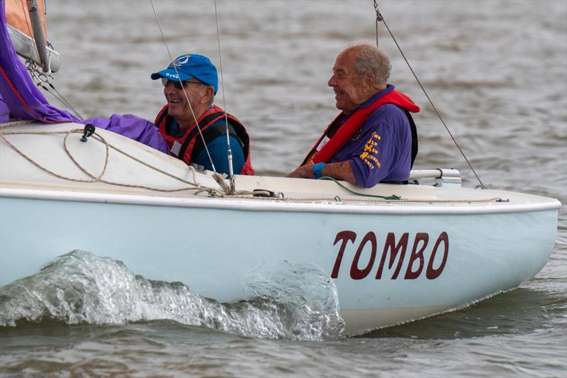 Bill Jones and Paul Firmin, two legends of the Squib Class, sailing on Day 1 of Burnham Week 2025 photo copyright Petru Balau Sports Photography / sports.hub47.com taken at Royal Corinthian Yacht Club and featuring the Squib class