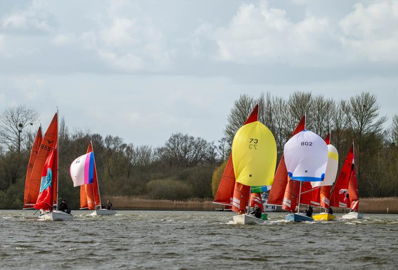 Downwind leg during the Squib Broadland Regatta 2026 photo copyright Bob Girling taken at Waveney & Oulton Broad Yacht Club and featuring the Squib class