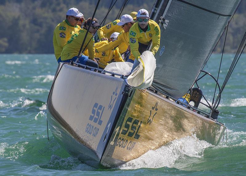 2022 SSL Gold Cup - Team Brazil prepare the kite on the reach out to the clearance mark photo copyright John Curnow taken at Cercle de la Voile de Grandson and featuring the SSL47 class