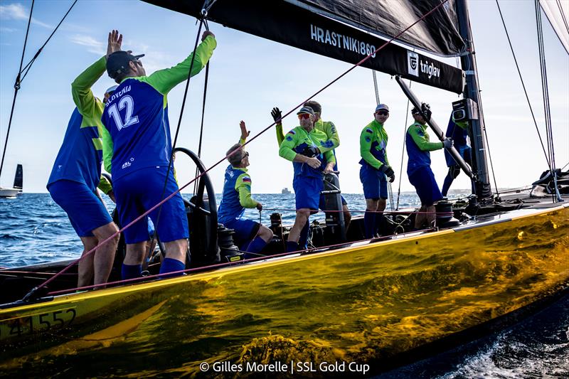 SSL Gold Cup 1/8 Finals Fleet 4, Race 3 - SSL Team Slovenia celebrate photo copyright Gilles Morelle / SSL Gold Cup taken at Real Federación Canaria de Vela and featuring the SSL47 class