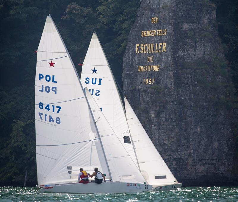 Ireneusz & Jakub Stawiany (POL 8417) and Kurt & Markus Scheidegger (SUI 7969) on day 1 of the Star Eastern Hemisphere Championship photo copyright Marc Rouiller / Star Sailors League 2014 taken at  and featuring the Star class